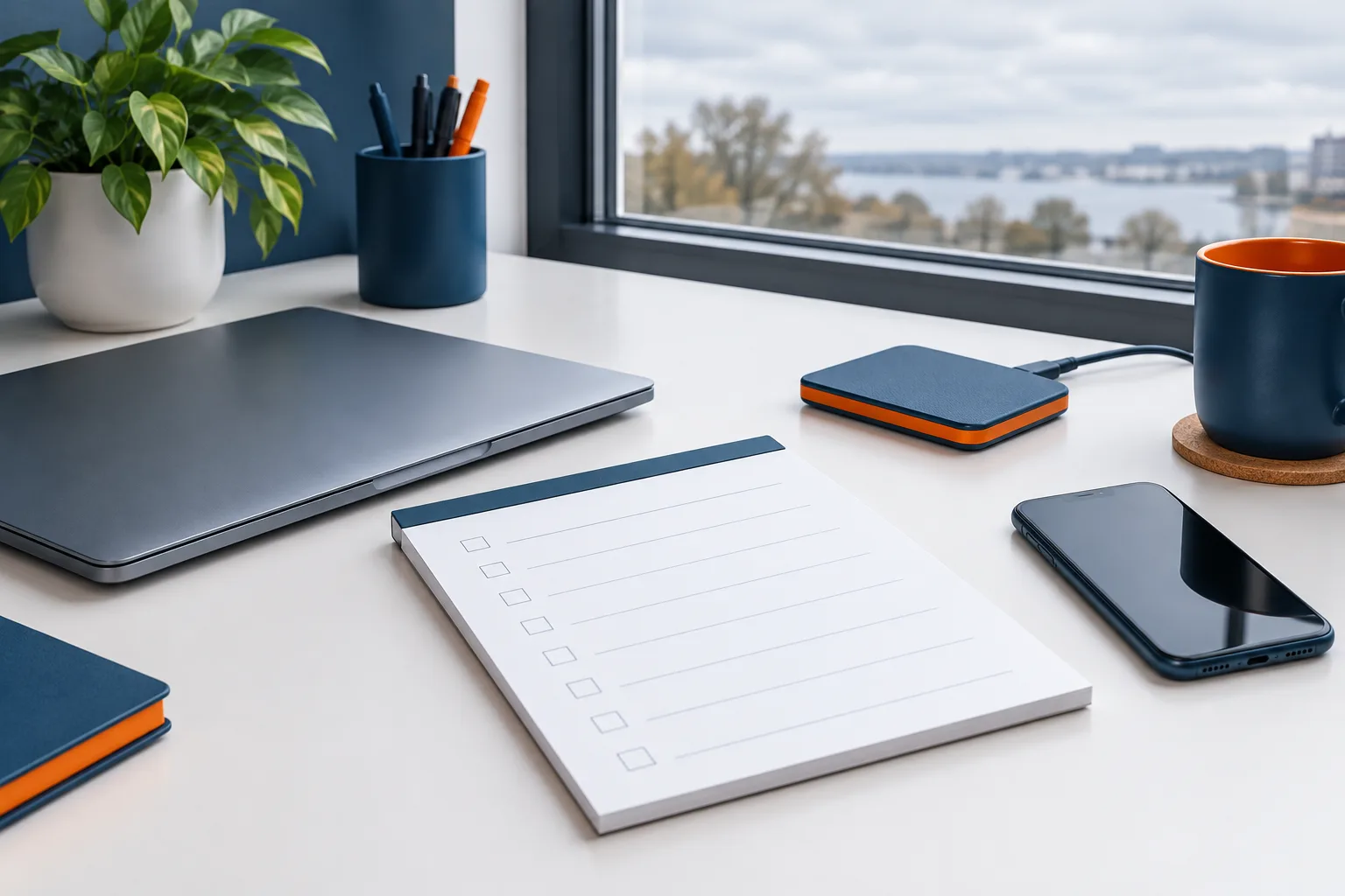 A blank planning sheet, closed laptop, backup drive, and phone on an office desk.