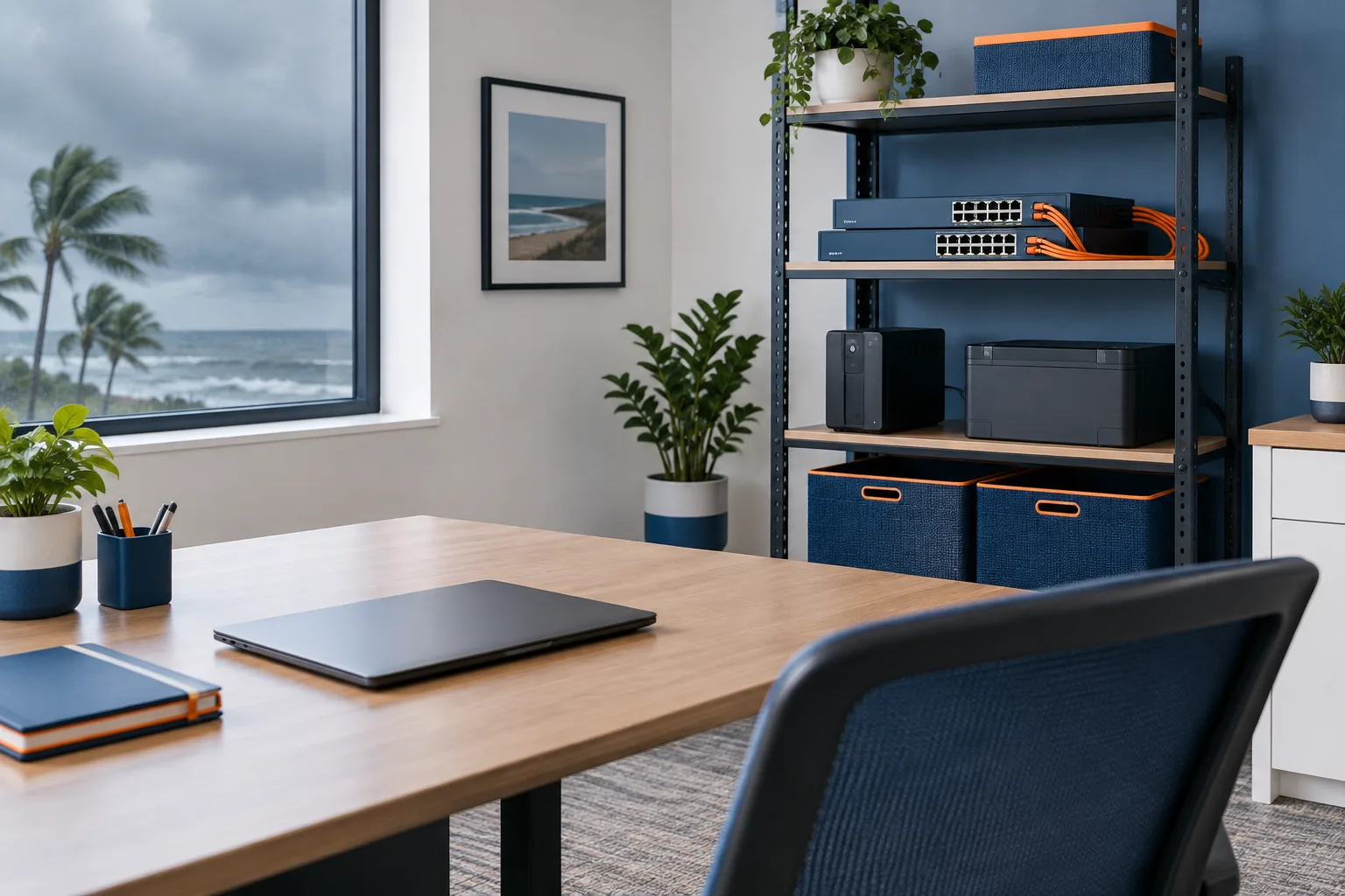 Small business network equipment and a laptop arranged safely on elevated shelving.